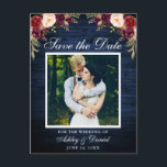 Carte Postale Faire-part Bois bleu rustique Bourgogne florale Sauvez la dat<br><div class="desc">Bois Bleu Rustique Enregistrer La Date Photo Fiançailles Carte Postale - Aquarelle Burgundy Marsala Floral,  Cadre Blanc</div>