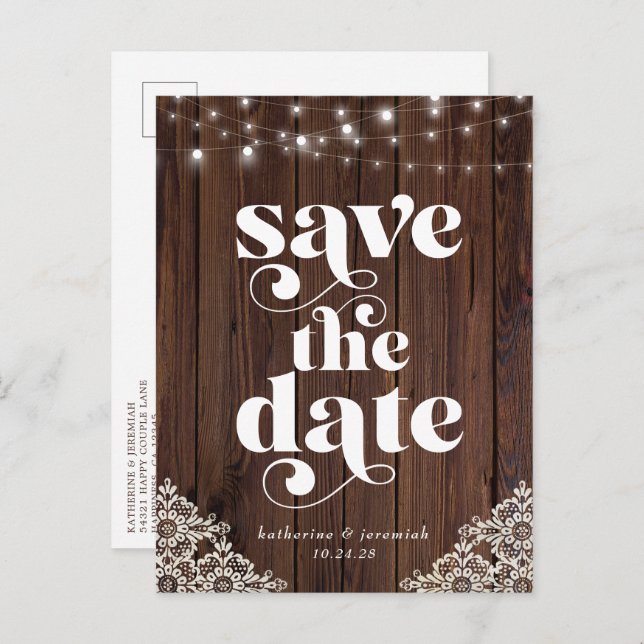 Carte Postale Faire-part Bois Chaîne Lumières Mariage dentelle Enregistrer  (Devant / Derrière)