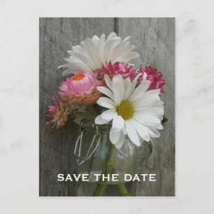 Carte Postale Faire-part Bois de grange, Pâquerettes et Fleurs de papier à