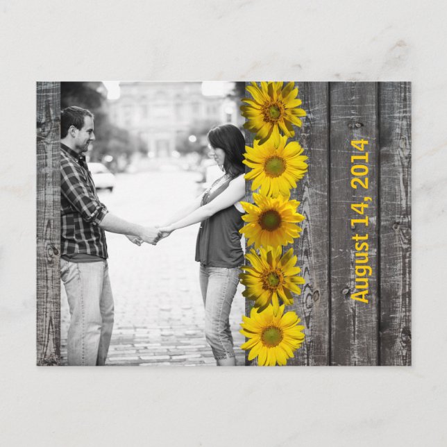 Carte Postale Faire-part Bois Gris Jaune Tournesol Photo Enregistrer Date (Devant)