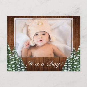 Carte Postale Faire-part Bois neigeux & Forêt Pays Bébé Garçon Photo de nai