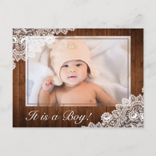 Carte Postale Faire-part Bois Rustique & Dentelle Blanche Naissance Photo d