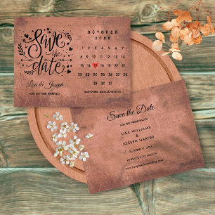 Carte Postale Faire-part Bois rustique Enregistrer la date Calendrier Red L