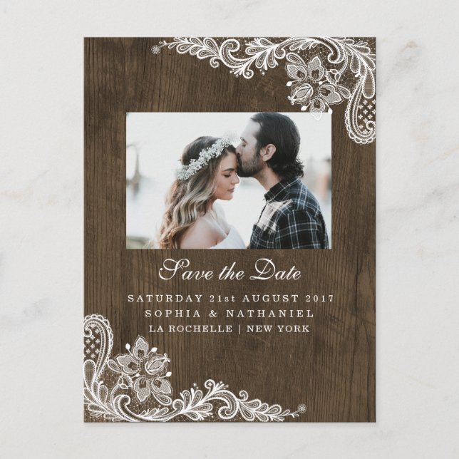 Carte Postale Faire-part Bois rustique Floral Blanc dentelle Photo Enregist (Devant)