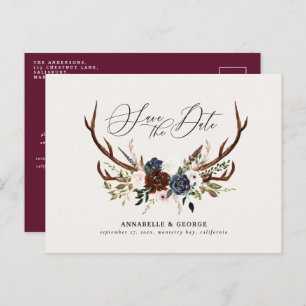 Carte Postale Faire-part Bois rustique script marine bordeaux mariage flora