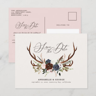 Carte Postale Faire-part Bois rustique script marine bordeaux mariage flora