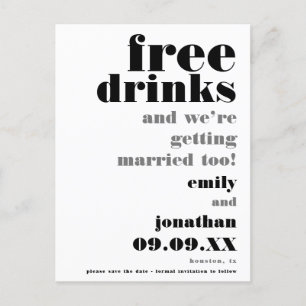Carte Postale Faire-part Boissons Gratuites Offertes Mariage Noir Blanc Sav
