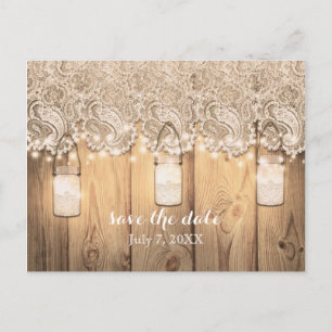 Carte Postale Faire-part Boîte mason rustique en bois et dentelle avec lumi
