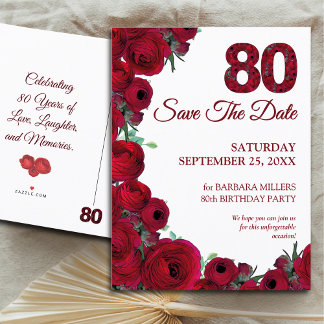 Carte Postale Faire-part Bold Rouge Floral 80e anniversaire Enregistrer la