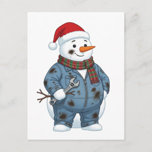 Carte Postale Faire-part Bonhomme de neige Mécanicien Noël 2026 Fête Bleu C