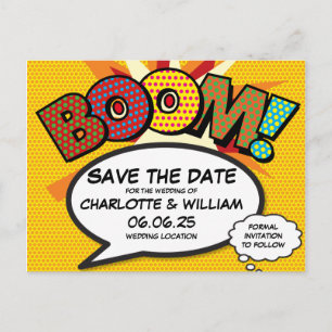 Carte Postale Faire-part BOOM Sauvegarder la date Fun Retro Bande dessinée