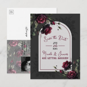Carte Postale Faire-part Bordeaux Red Roses Shadowy Grey Floral Date de sau