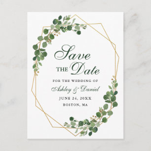 Carte Postale Faire-part Botanique Eucalyptus Green Gold Sauvez la date