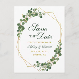 Carte Postale Faire-part Botanique Eucalyptus Green Sauvez la date Gold