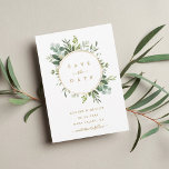 Carte Postale Faire-part Botanique Gold Greenery Wedding Enregistrer la dat<br><div class="desc">Ce mariage sauve la date carte postale caractéristiques aquarelle peinte eucalyptus verdure,  feuilles verts et un cadre de cercle or. Pour une personnalisation plus avancée de cette conception,  cliquez sur le lien "Customiser plus loin". Des articles correspondants sont également disponibles.</div>