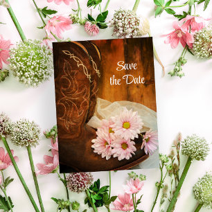 Carte Postale Faire-part Bottes de cowboy Fleurs Marguerites Roses Mariage 