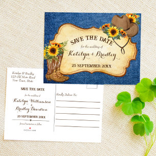Carte Postale Faire-part Bottes de cowboy rustiques et chapeau tournesols d
