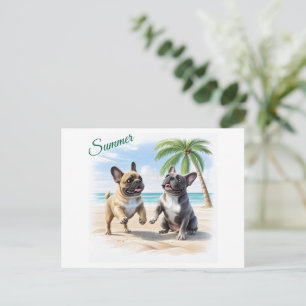 Carte Postale Faire-part Bouledogues français plage Bouledogue français