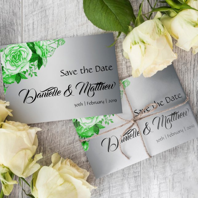 Carte Postale Faire-part Bouquet de roses vert émeraude sur mariage argenté (Créateur téléchargé)