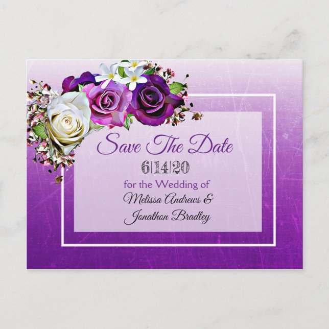 Carte Postale Faire-part Bouquet de roses violettes mariage Enregistrer la  (Devant)