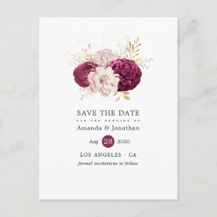 Carte Postale Faire-part Bourgogne Blush & Gold Floral Wedding Enregistrer