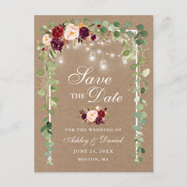 Carte Postale Faire-part Bourgogne Floral Botanique Épargnez La Date Kraft (Devant)