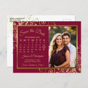 Carte Postale Faire-part Bourgogne & Mariage d'or Enregistrer la date Calen