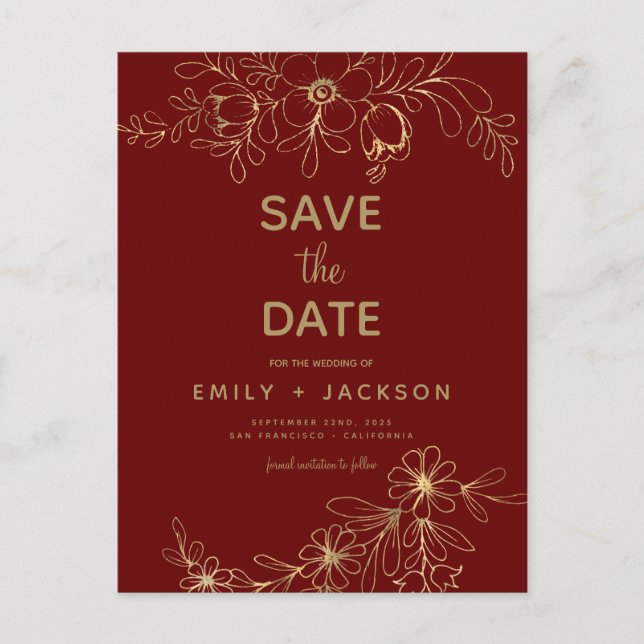 Carte Postale Faire-part Bourgogne Moderne Élégant Fleurs Save the Date (Devant)