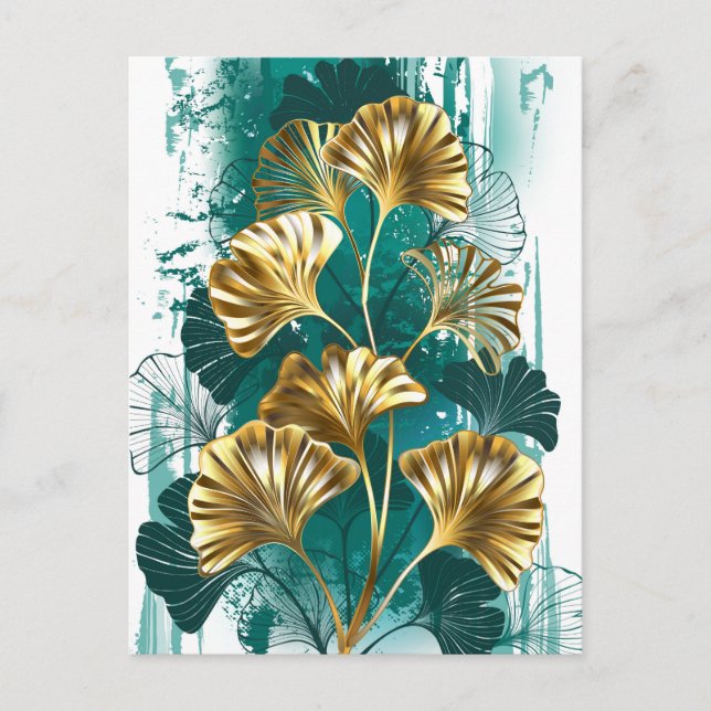 Carte Postale Faire-part Branche avec Feuilles d'or Ginko Biloba (Devant)