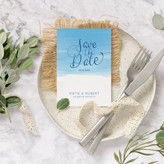 Carte Postale Faire-part Brosses bleu ciel Enregistrer la typographie Date (Créateur téléchargé)