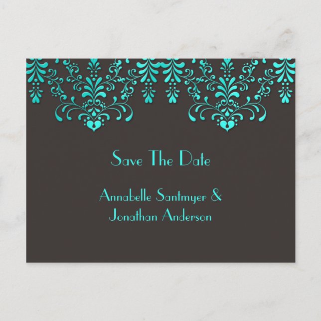 Carte Postale Faire-part Brown Avec Flore Turquoise Enregistrer La Date (Devant)