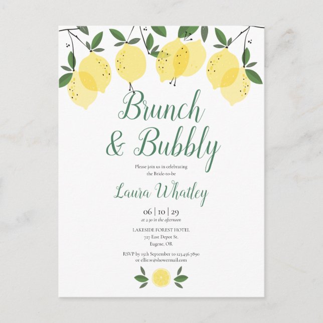 Carte Postale Faire-part Brunch et Bubbly Baby Shower Thème Citron (Devant)