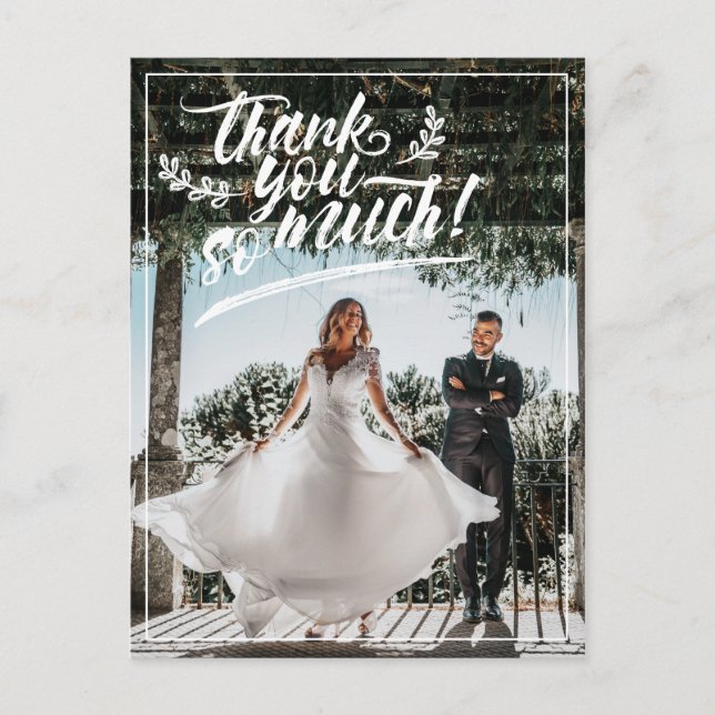 Carte Postale Faire-part Brush blanc Script Twig Merci photo Mariage (Devant)