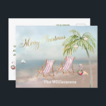 Carte Postale Faire-part Budget Beach Flamant rose Wreath Noël unique<br><div class="desc">Joyeux Noël sur cette belle Watercolor Beach — scène paisible et douce avec deux transats — flamand amical avec de jolies couronnes — Palmier avec quelques ornements. Aussi disponible en différents poids de papier — votre sélection.</div>