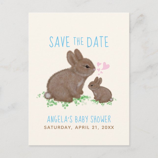 Carte Postale Faire-part Bunnies Hearts Boy Baby shower Enregistrer La Date (Devant)
