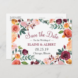 Carte Postale Faire-part Burgundy Aquarelle Floral Enregistrer La Date Cart