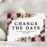 Carte Postale Faire-part Burgundy Blush Floral Modifier La Date<br><div class="desc">Le jardin rustique change les cartes postales mariage datées avec un arrière - plan blanc chic et classe qui peut être changé à n'importe quelle couleur, un tableau de marsala rouge, bordeaux & rose roux aquarelle fleurs florales, et un moderne enregistrer le nouveau modèle date. Pour plus de personnalisation, cliquez...</div>