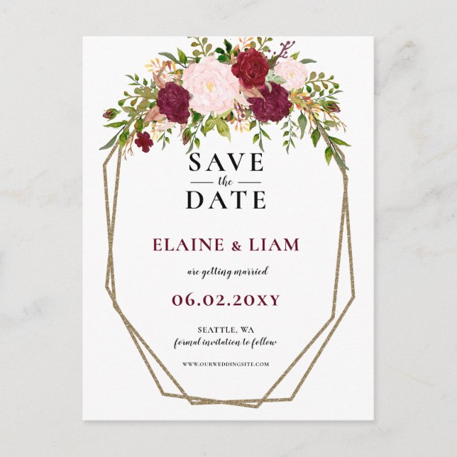 Carte Postale Faire-part Burgundy Blush Gold Floral Monogramme enregistrer  (Devant)