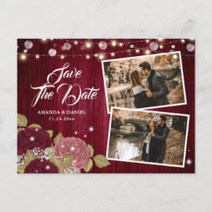 Carte Postale Faire-part Burgundy Blush Rose 2 Photo Enregistrer La Date