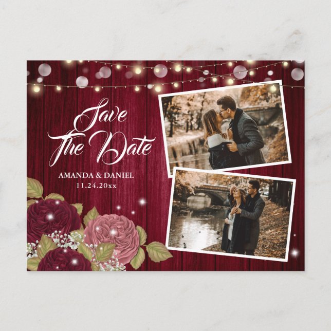 Carte Postale Faire-part Burgundy Blush Rose 2 Photo Enregistrer La Date (Devant)