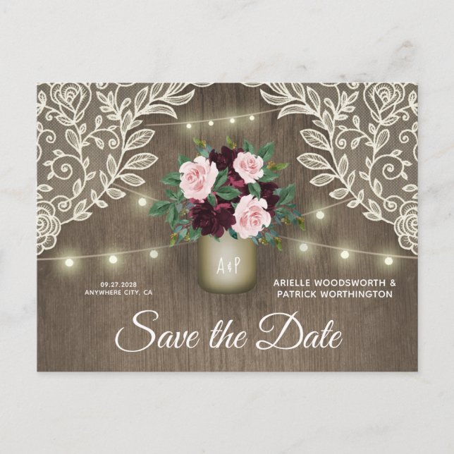 Carte Postale Faire-part Burgundy Blush Rose Gold Wedding Enregistrer la da (Devant)