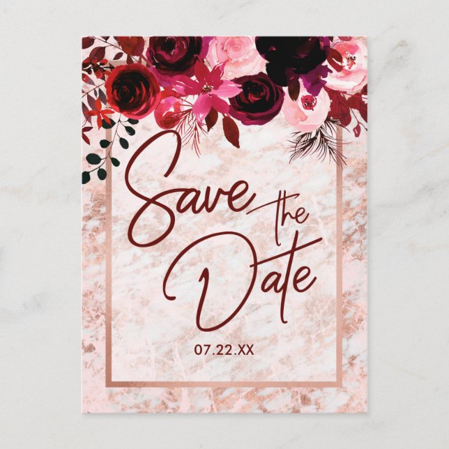 Carte Postale Faire-part Burgundy Floral & Rose Gold Mariage Save the Date (Devant)