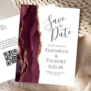 Carte Postale Faire-part Burgundy Gold Agate QR Code Enregistrer la date