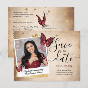 Carte Postale Faire-part Burgundy Gold Butterfly Quince Photo Enregistrer l