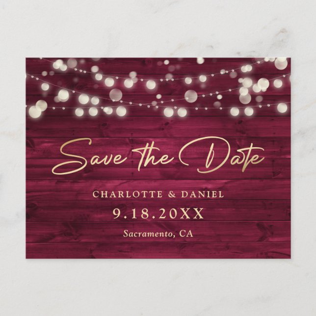 Carte Postale Faire-part Burgundy Gold Wood String Lights Script Wedding (Devant)