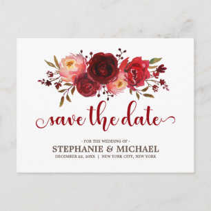 Carte Postale Faire-part Burgundy Marsala Red Roses Enregistrer la date