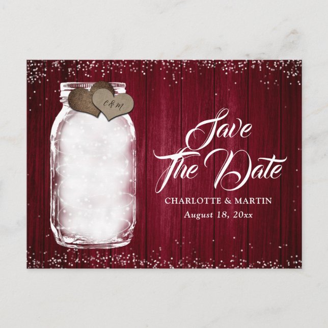 Carte Postale Faire-part Burgundy Mason Jar Bois Mariage Enregistrer La Dat (Devant)