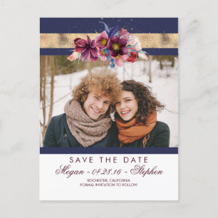 Carte Postale Faire-part Burgundy Navy et Gold Floral Enregistrer la date
