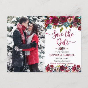 Carte Postale Faire-part Burgundy Navy Floral Save the Date Photo