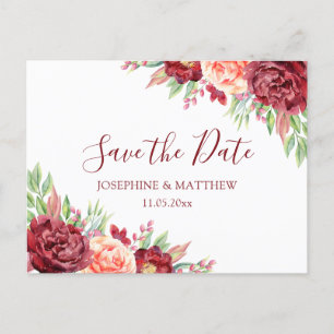 Carte Postale Faire-part Burgundy Peach Rose Floral Wedding Enregistrer La